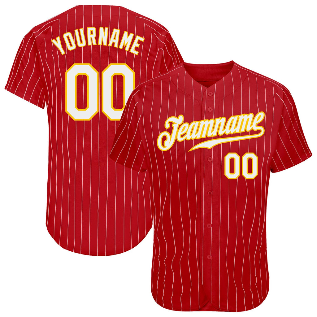 Custom Baseball Jersey Personalized Red Gold Pinstripe Stitched